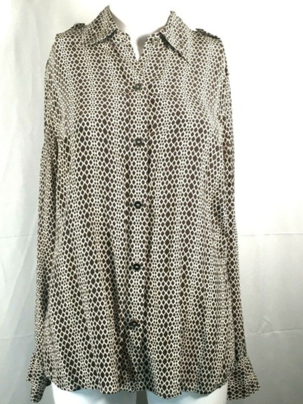 TALBOTS Brown And Cream Geometric Button-Down Blouse, 100% Silk